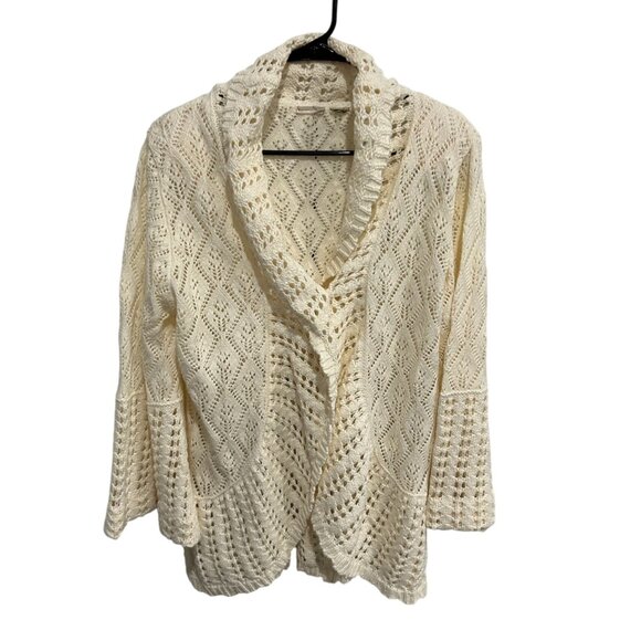 Vintage Cream Open Knit Cardigan Sweater Shawl Collar Button Closure - Picture 1 of 9